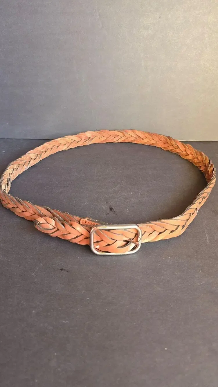 Michael Kors Belt Mens Size 45 Brown Leather Braided Woven Silver Buckle